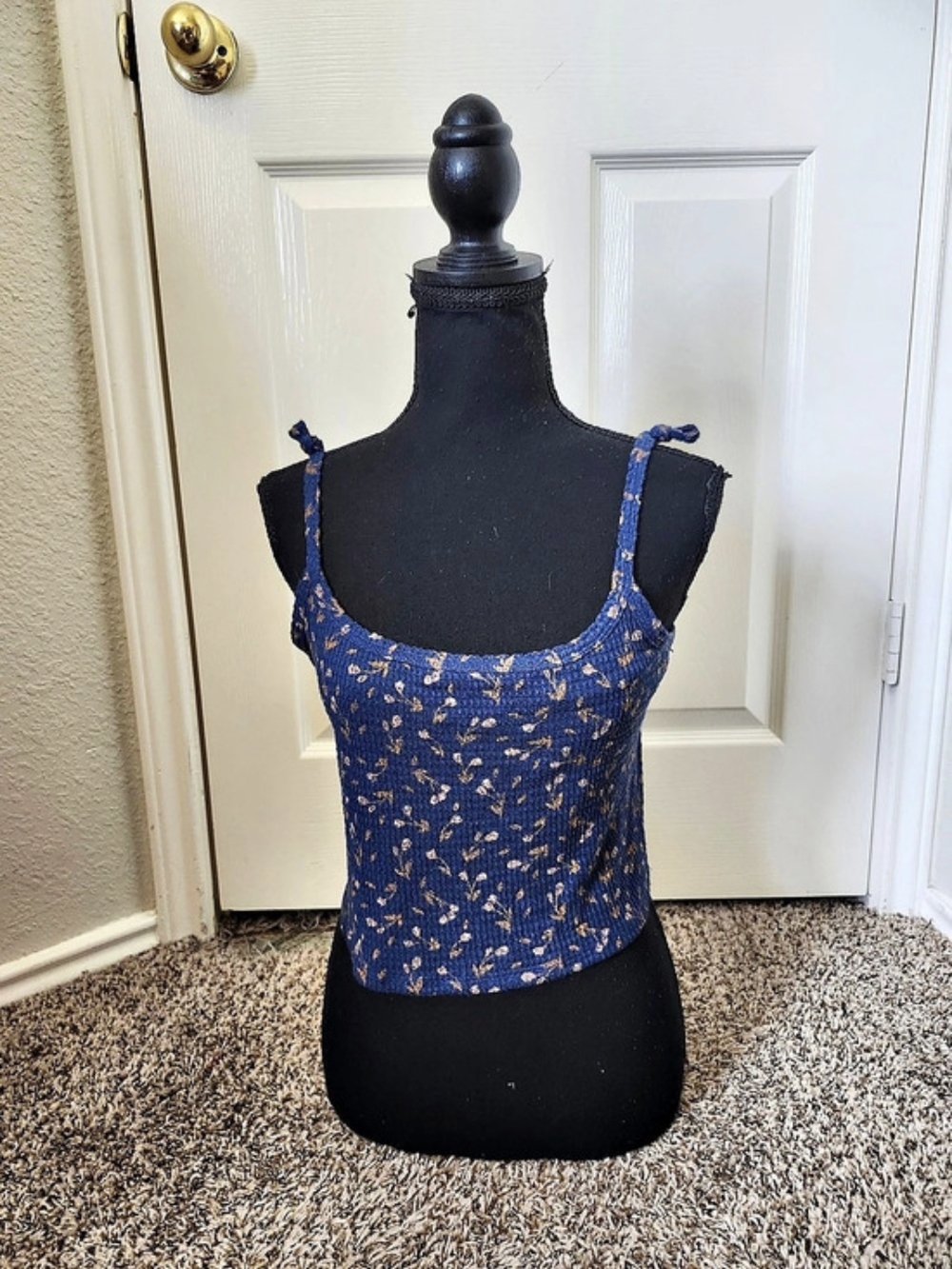 Free People One Of The Girls Waffle Knit Cropped Floral Tank Top Blue & Orange